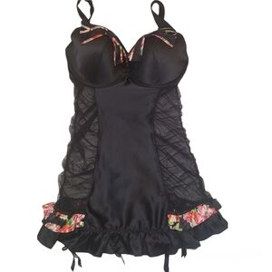 Victoria's Secret Lingerie Black Floral Bows, Mesh Panels, Garter Straps 36D